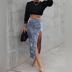 Velvet Grey Ruched Long Velvet Bodycon Midi Skirt with Side Slit - Size Medium